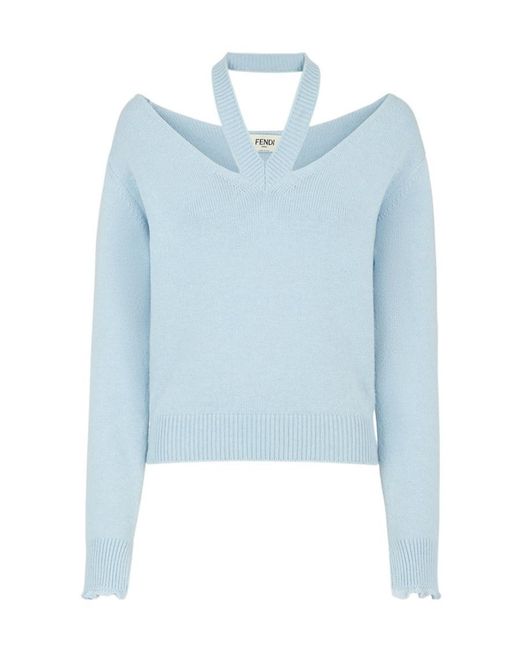Fendi Blue Off-The-Shoulder Long-Sleeved Pullover