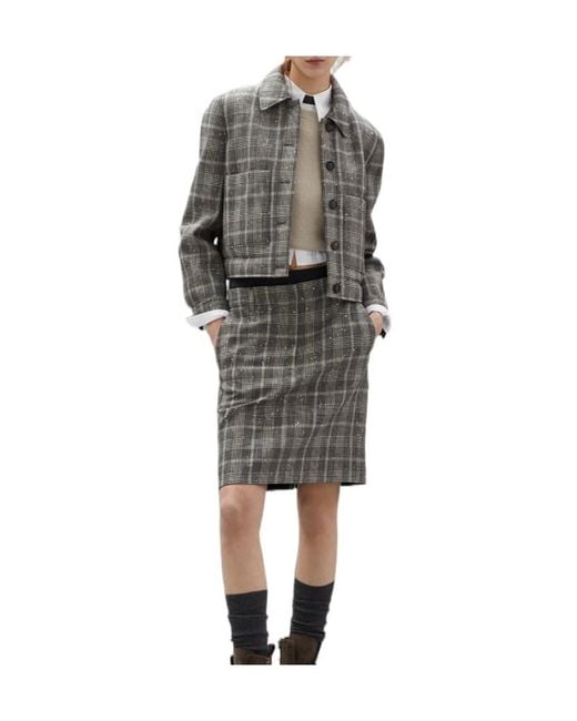 Brunello Cucinelli Gray Sequin-Embellished Checked Jacket