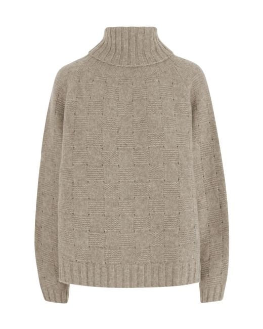 Allude Gray Geometric Turtleneck Knitted Sweater
