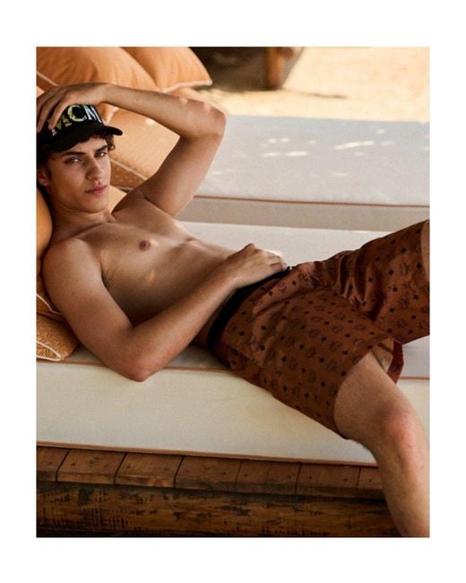 MCM Brown Logo Print Beach Shorts for men