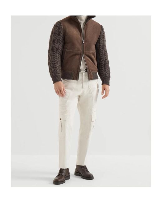 Brunello Cucinelli Brown Suede Shearling And Cashmere Knit Bomber Jacket With Thermore Padding for men
