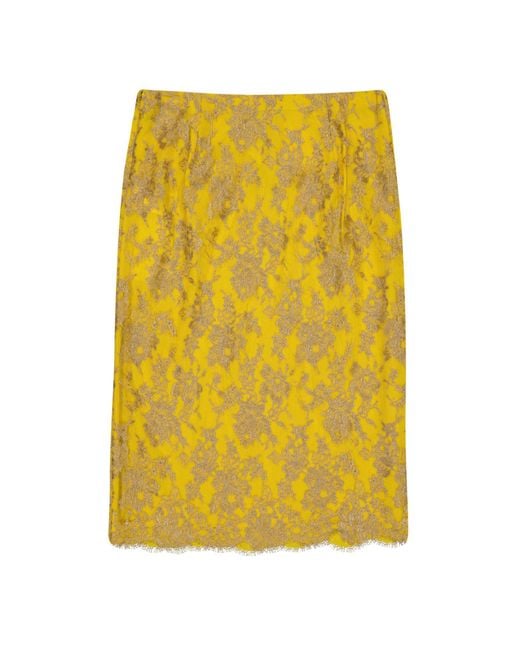 Saint Laurent Yellow Lace Straightcut Midi Skirt