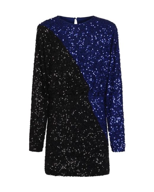 ROTATE BIRGER CHRISTENSEN Blue Round-Collar Long-Sleeved Dress