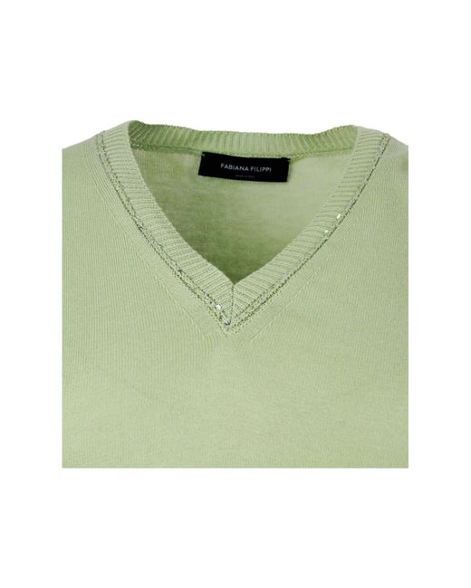 Fabiana Filippi Green Sequin-Detailed V-Neck Knitted Top