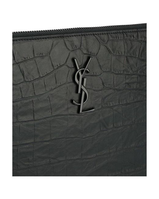 Saint Laurent Black Monogram Crocodile-Embossed Tablet Holder for men