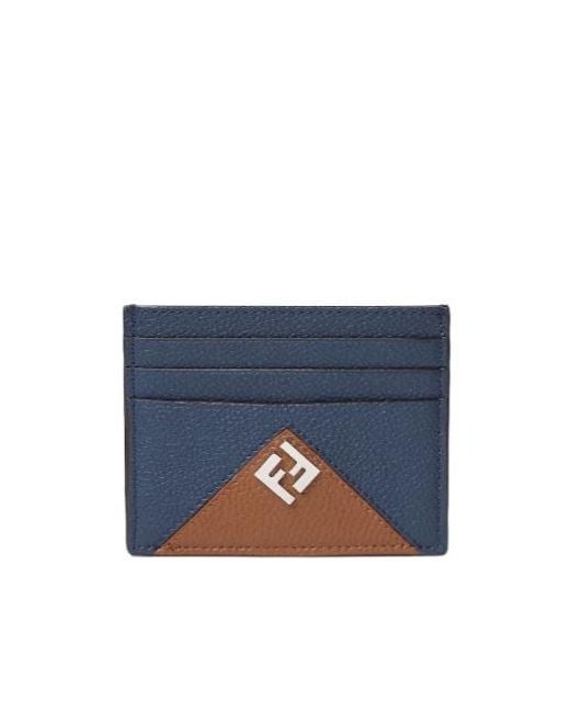 Fendi Blue Logo-Plaque Pebbled-Leather Cardholder for men