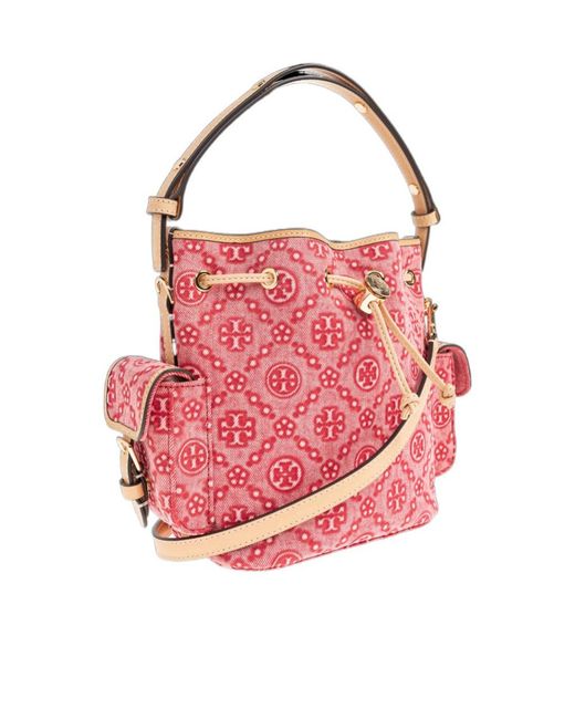 Tory Burch Pink T Monogram Denim Bucket Bag
