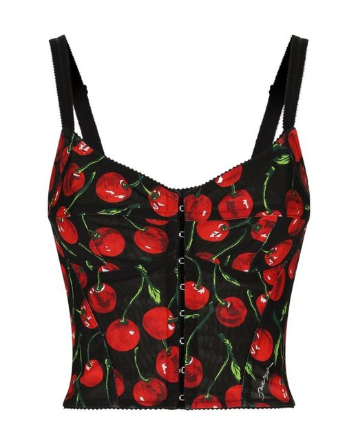 Dolce & Gabbana Red Cherry Print Zipped Bustier Top