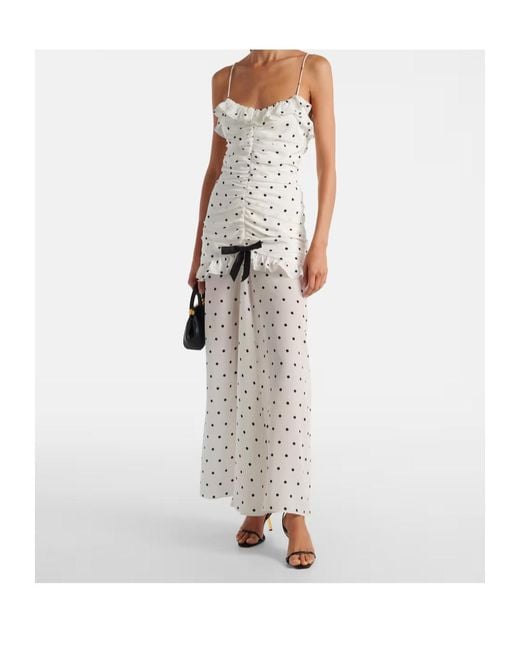 Alessandra Rich White Ruched Polka-Dot Silk Maxi Dress