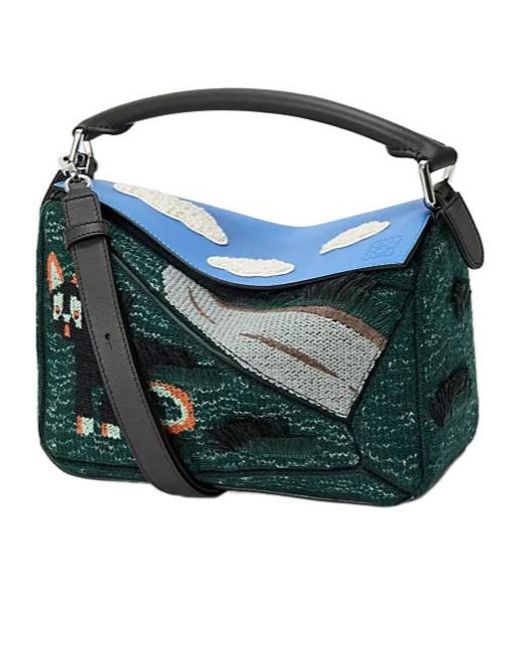 Loewe Blue Petit Sac Puzzle Futurist Cat En Maille Brodée Et Cuir De Veau