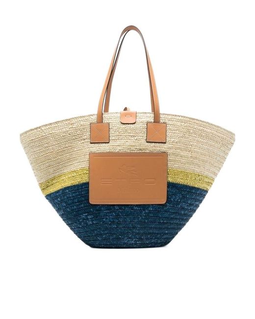 Etro Blue Logo-Patch Straw Tote Bag