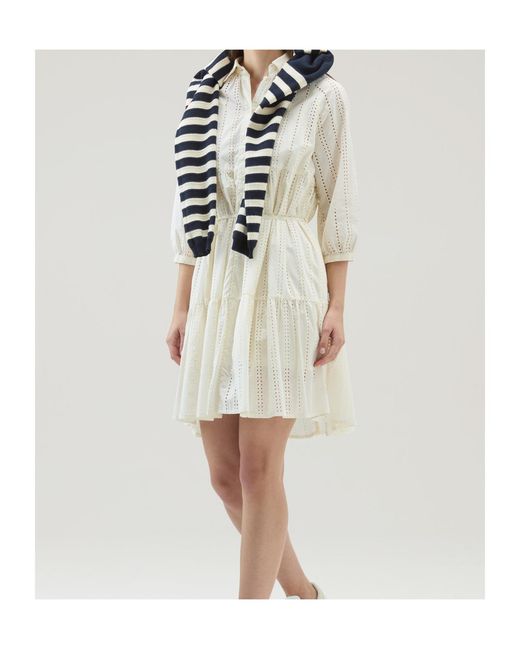 Woolrich Natural Broderie Anglaise Tied Waist Shirt Dress