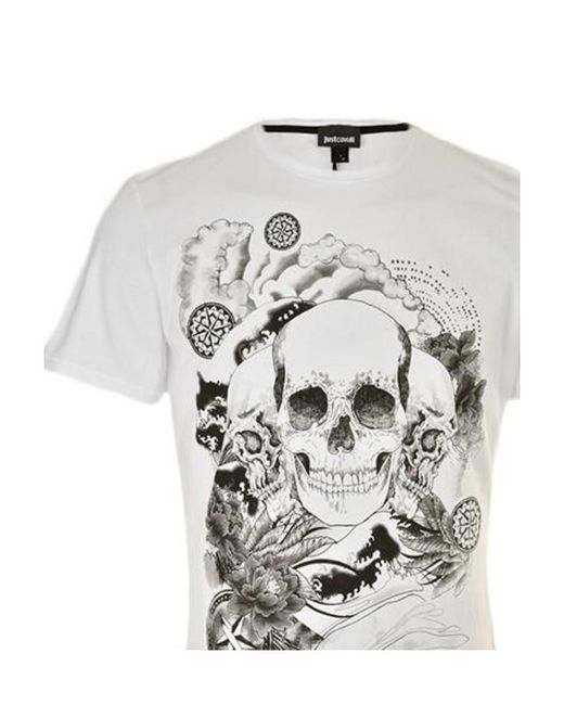 Just Cavalli White Skull Printed Short-Sleeved T-Shirt for men