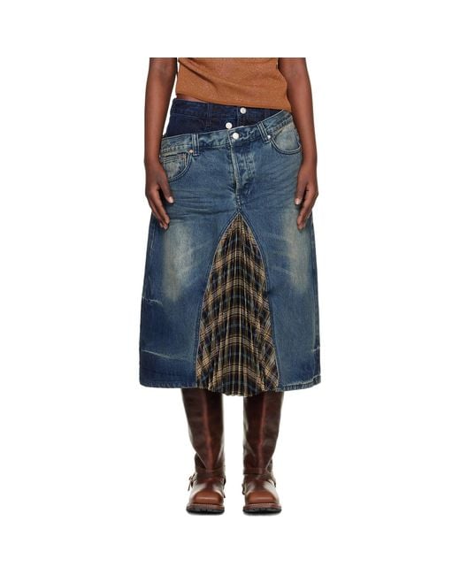 ANDERSSON BELL Gray Pleated Patchwork Denim Midi Skirt