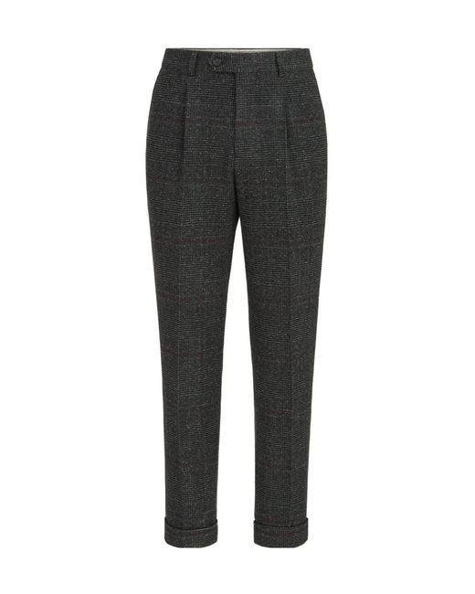 Brunello Cucinelli Gray Silk, Wool And Cashmere Prince Of Wales Flannel Trousers With Pleat for men