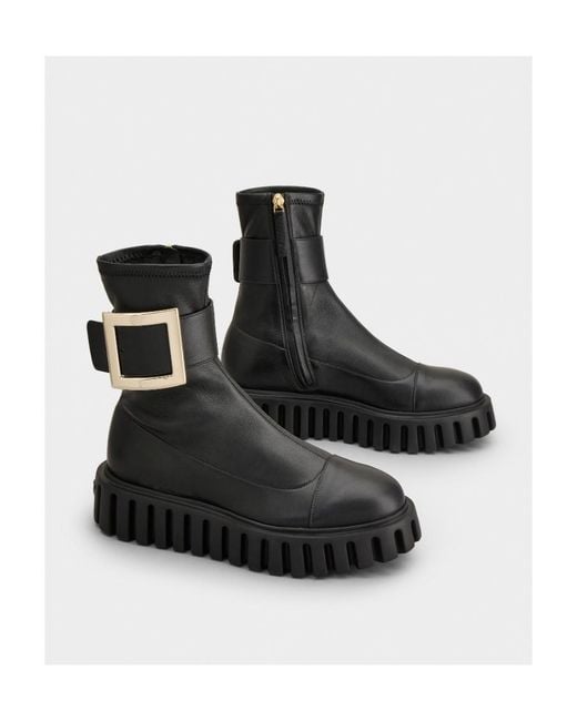 Roger Vivier Black Viv' Go-Thick Metal Buckle Stretch Ankle Boots