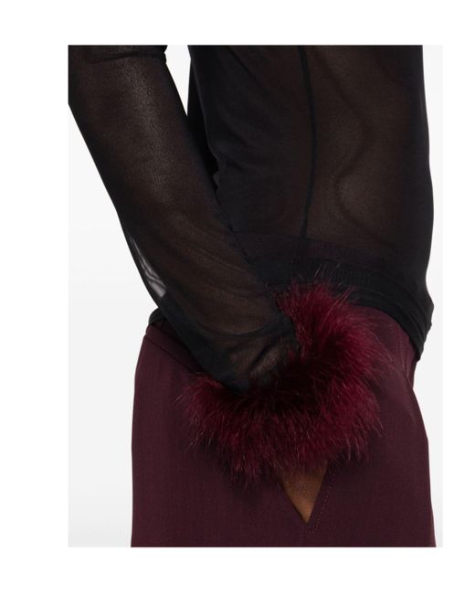Mugler Black Mesh-Panel Feather-Cuff Top