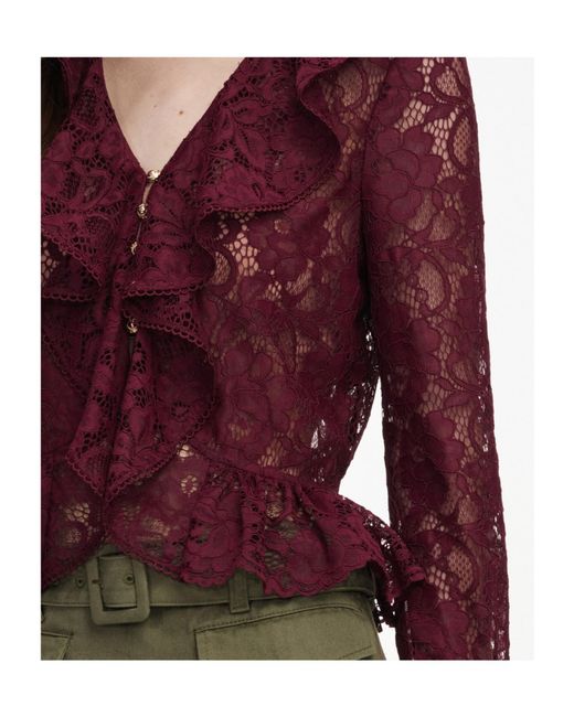 Self-Portrait Red Ruffled Lace-Overlay Top