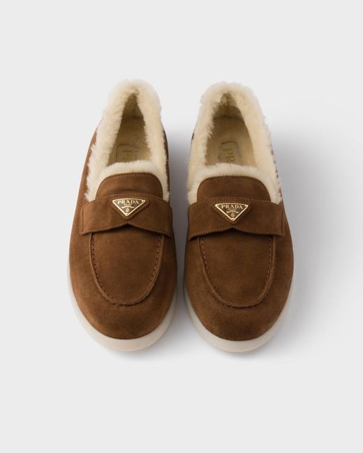 Prada Brown Logo Plaque Slip-On Loafers