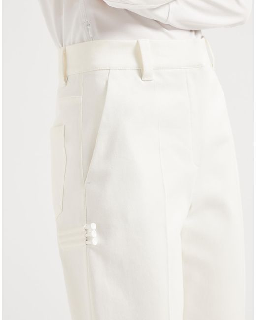 Brunello Cucinelli White Logo Embroidered Straight Leg Pants