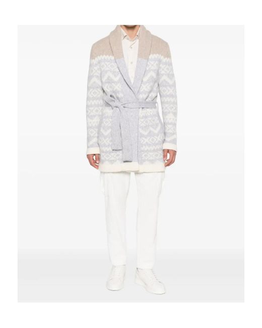Eleventy White Patterned-Jacquard Belted Cardigan for men
