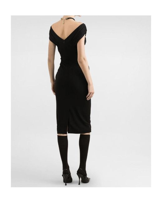Dolce & Gabbana Black Wide Neck Fitted Midi Dress