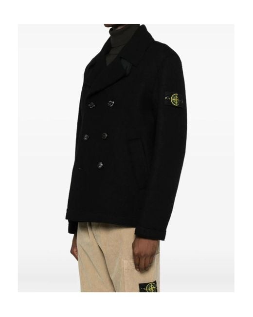 Stone Island Black Double-Breasted Wool Peacoat for men