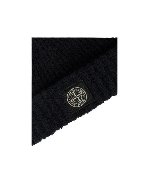 Stone Island Black Ribbed Knit Beanie With Compass Logo Patch for men