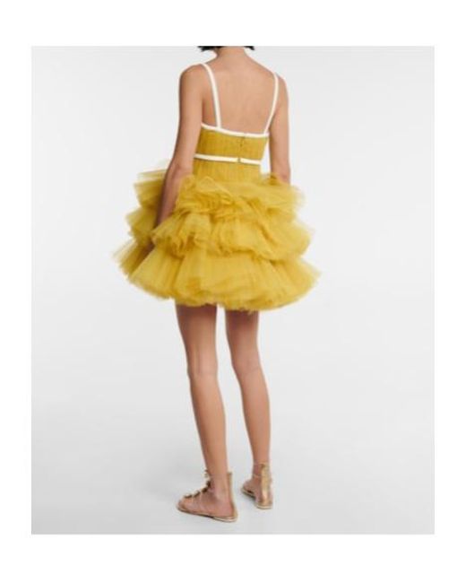 Giambattista Valli Yellow V-Neck Ruffled Tulle Minidress