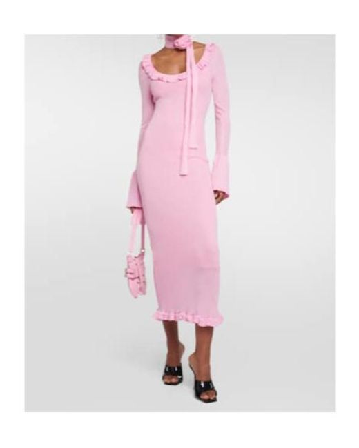 Blumarine Pink Ruffled Wool Midi Dress