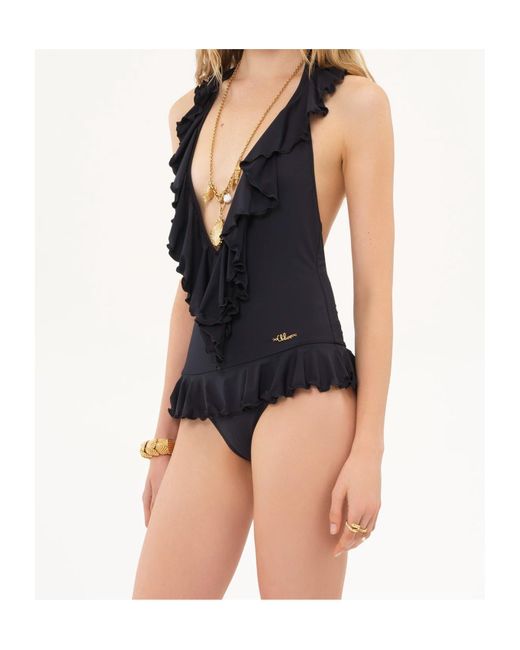 Chloé Black Ruffled V-Neck One-Piece Swimsuit