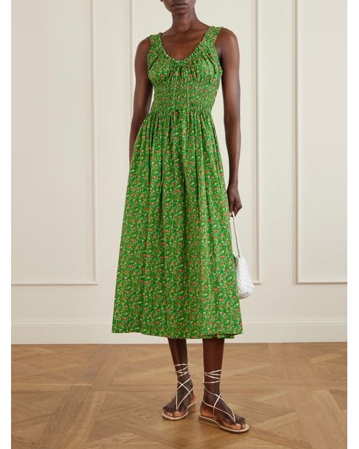 doen emmaretta dress green DEN Women's Emmaretta Floral Cotton Dress - Emerald Jardin Du Chateau