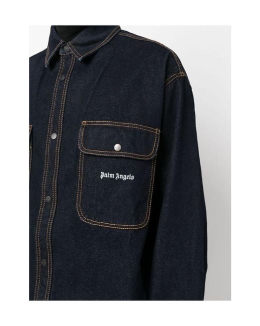 Palm Angels Blue Logo Embroidered Denim Shirt for men