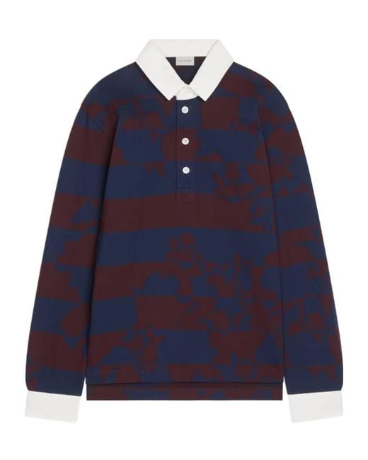 Dries Van Noten Blue Striped Long-Sleeved Polo Shirt for men