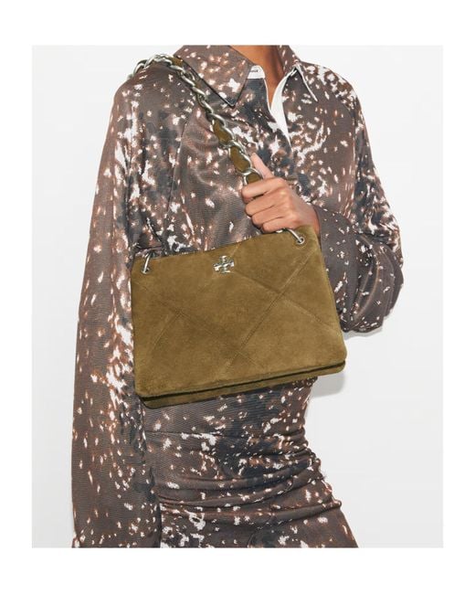 Tory Burch Green Small Kira Quilted Suede Shoulder Bag