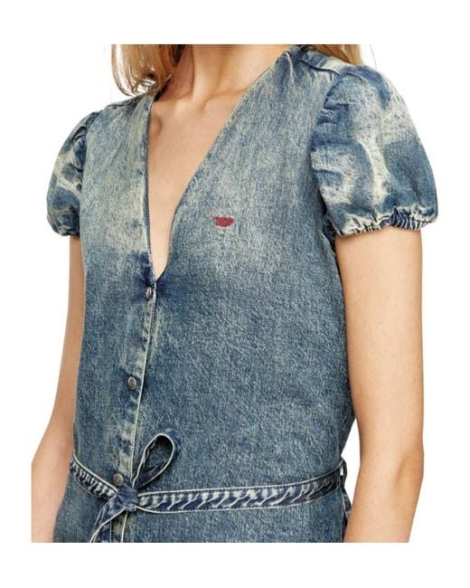 DIESEL Blue Puff-Sleeves Buttoned-Front Mini Day Dress