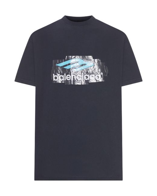 Balenciaga Blue Logo Printed Round-Neck T-Shirt for men