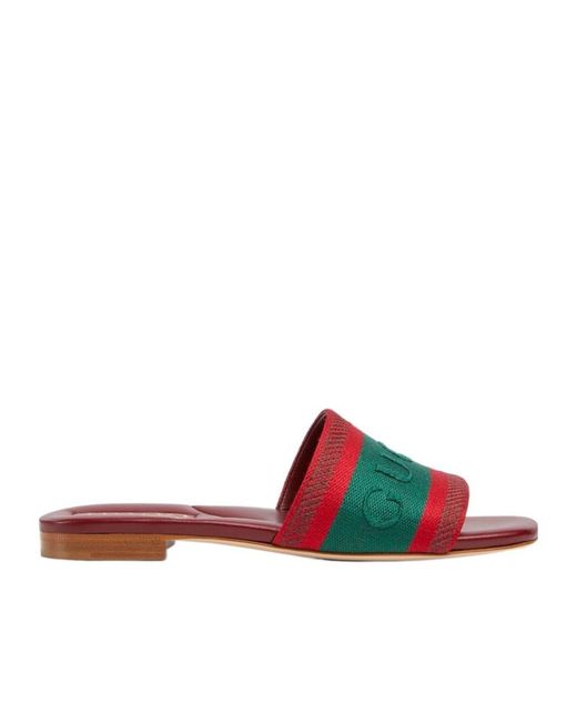 Gucci Red Slide Sandal With Web, Fabric