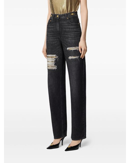 Versace Black Distressed Straight-Leg Jeans