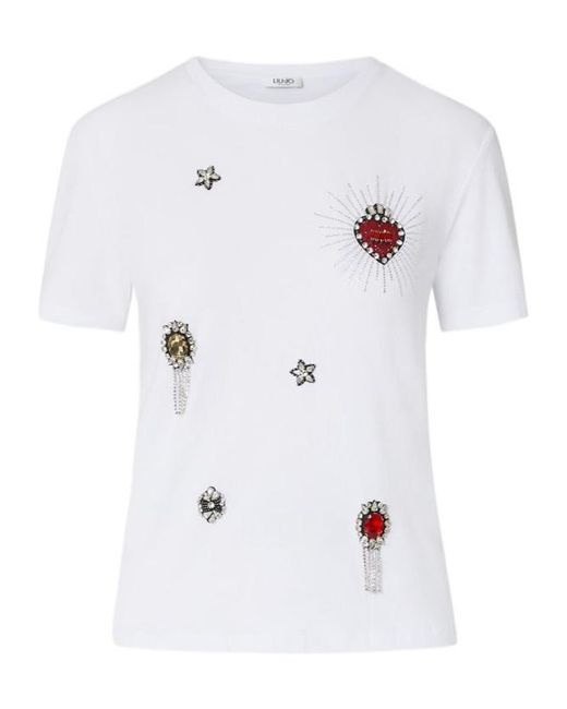 Liu Jo White T-Shirt With Jewel Embroidery
