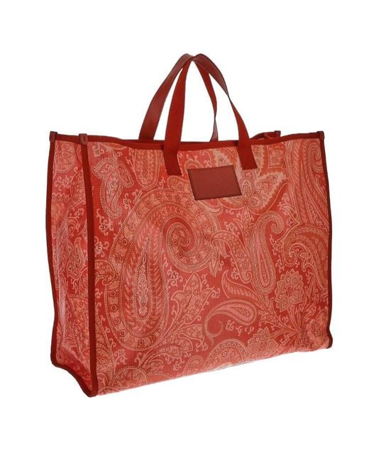 Etro Red Paisley Printed Logo Patch Tote Bag