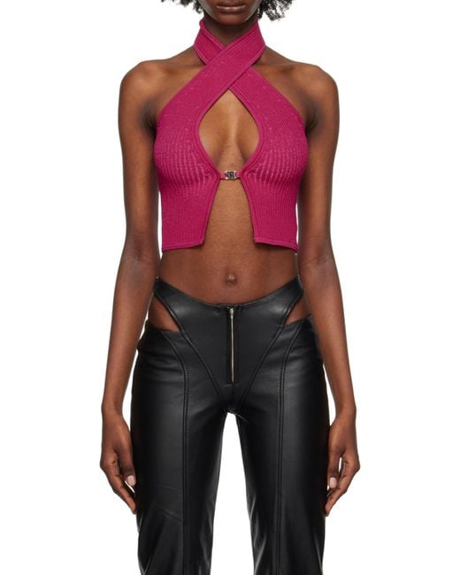 M I S B H V Pink Knitted Halter-Neck Crop Top