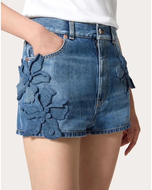 Valentino Blue Floral-Appliqué Straight Hem Denim Shorts