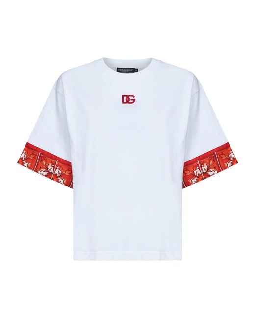 Dolce & Gabbana White Jersey T-Shirt With Maiolica-Print Scarf