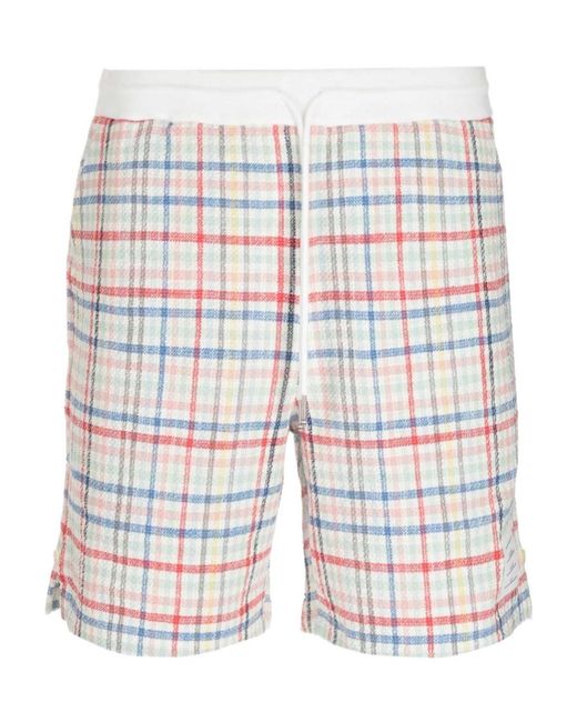 Thom Browne Blue Gingham-Check Drawstring Tweed Shorts for men