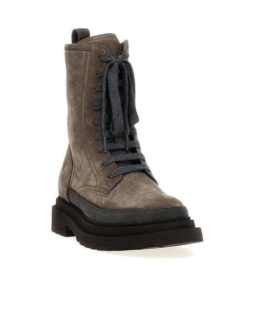 Brunello Cucinelli Brown Monile-Detailed Lace-Up Ankle Boots