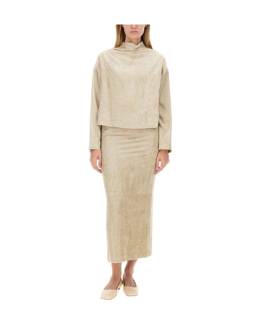 Alysi Natural Elasticated Waistband Striped Midi Skirt