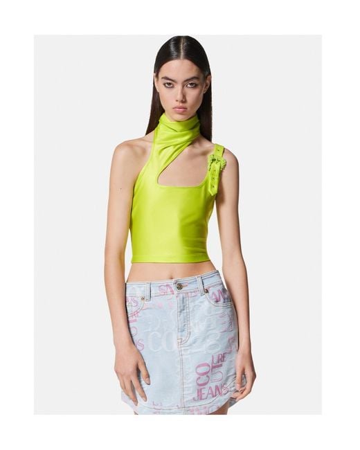 Versace Jeans Green Couture Baroque Buckle Embellished Cropped Top