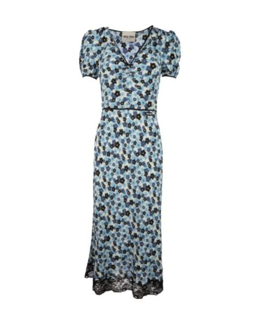 Miu Miu Blue Floral-Print Lace-Trim Midi Dress