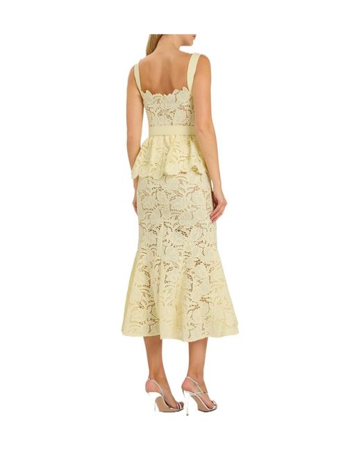 Self-Portrait Yellow Belted Floral Guipure-Lace Midi Dress